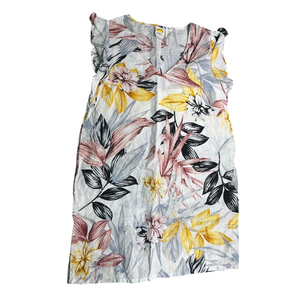 C&C California 100% Linen Floral‎ Shift Dress Large Botanical Print